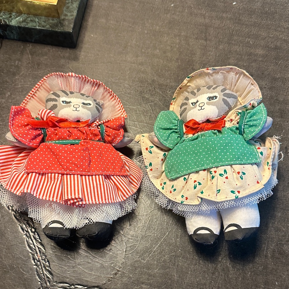 Set of Two Vintage Style Cat Doll Pincushions - Red & Green Dresses